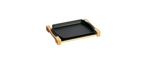 Piatto grill nero con base in legno 32x33cm